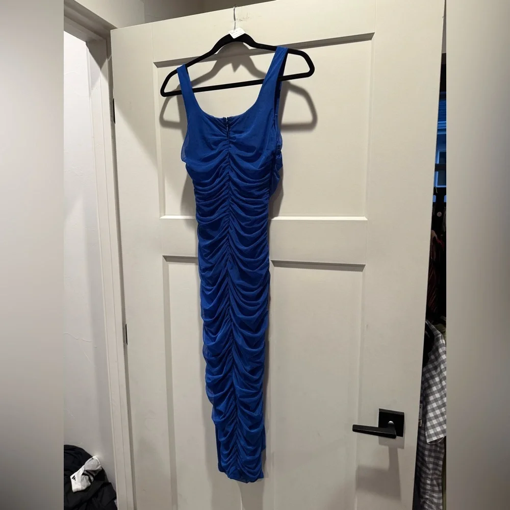 EUC Lulu's VIP Treatment Royal Blue Mesh Ruched Bodycon Midi Dress - Picture 6 of 10